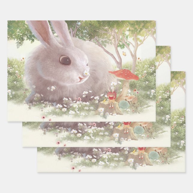 Bunny with Flowers Wrapping Paper Sheet (Set)
