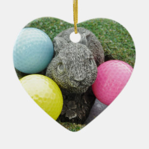 Bunny with pink blue yellow egg ceramic ornament