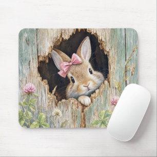 Bunny with Pink Bow Peeking from Fence Hole Mouse Pad