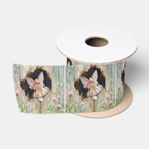 Bunny with Pink Bow Peeking from Fence Hole Satin Ribbon