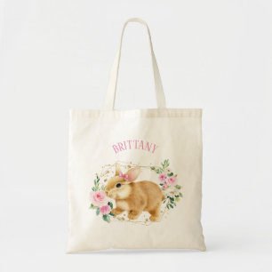 Bunny With Pink & Gold Flowers Custom Easter Tote Bag