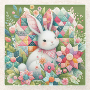 Bunny with Quilt and Flowers Glass Coaster