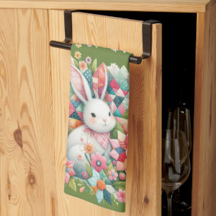 Bunny with Quilt and Flowers Kitchen Towel