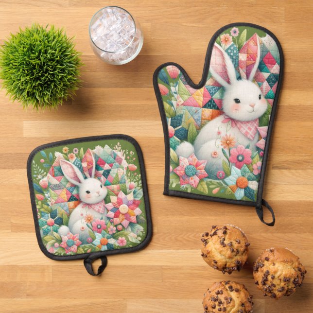 Bunny with Quilt and Flowers Oven Mitt & Pot Holder Set (Top Down)