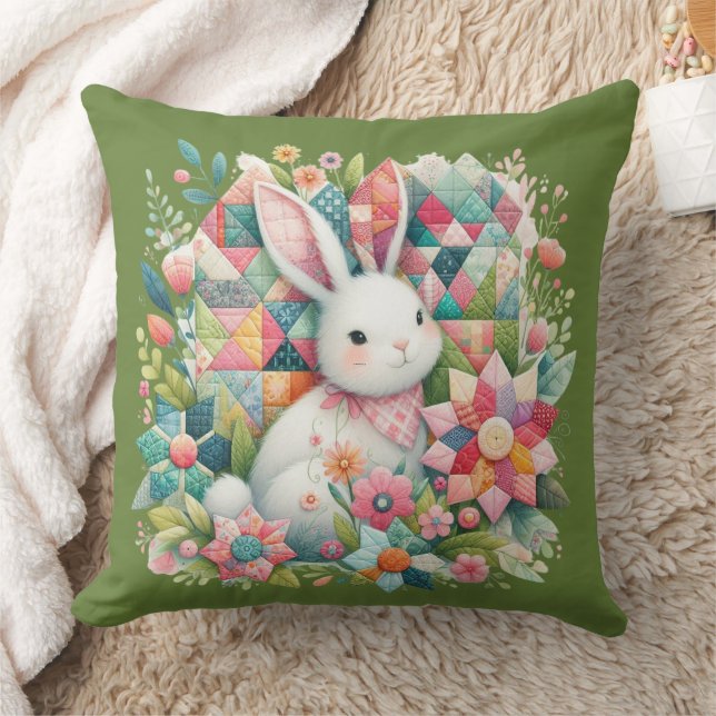 Bunny with Quilt and Flowers Throw Pillow (Blanket)