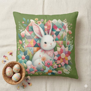Bunny with Quilt and Flowers Throw Pillow