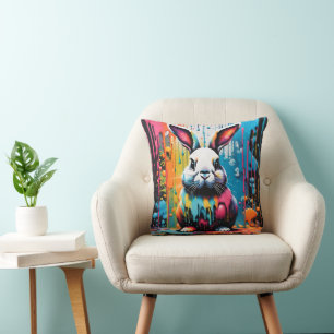 Bunny with splatters throw pillow