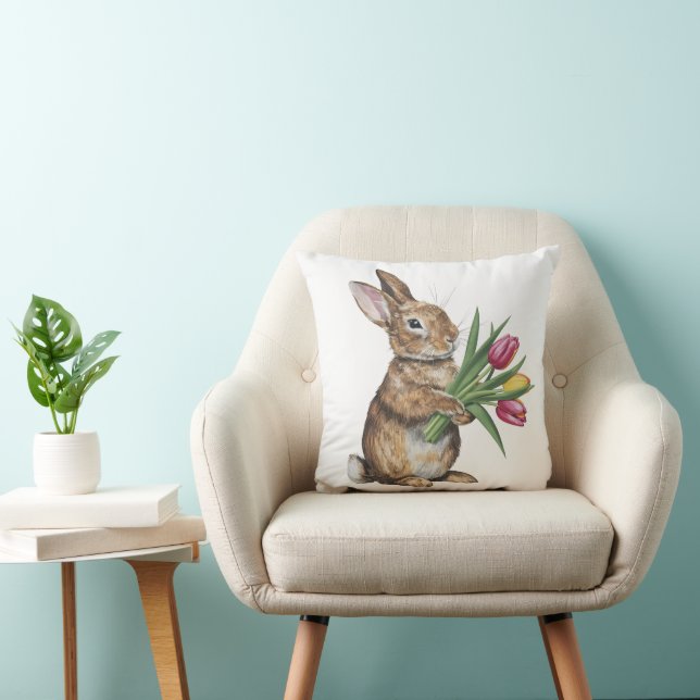 Bunny With Tulip Bouquet Throw Pillow (Chair)