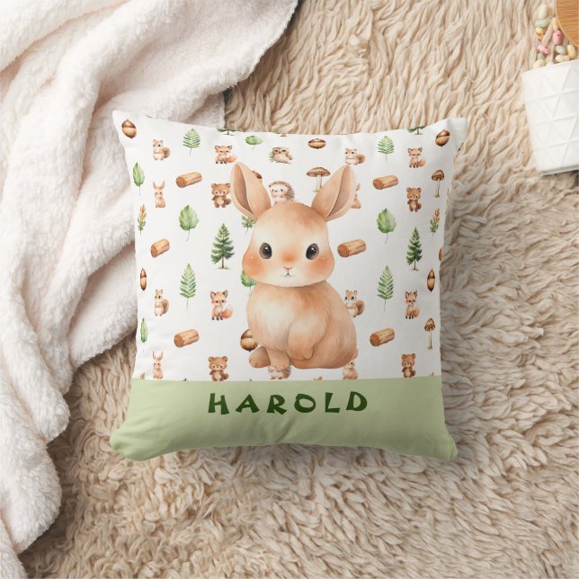 Bunny Woodland Animals Pattern Baby Boy Nursery Throw Pillow (Blanket)