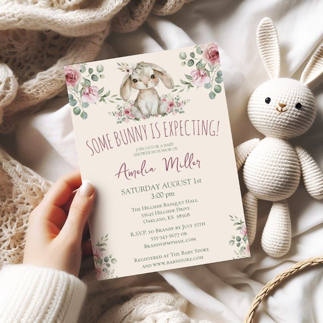 Bunny Woodland Forest Animal Watercolor Invitation (Some Bunny is Expecting  Boho Floral Watercolor Roses Baby Shower Invitation)