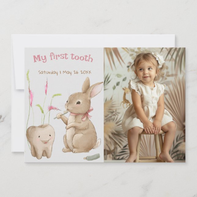 Bunny's girl First Tooth Party Photo Card (Front)