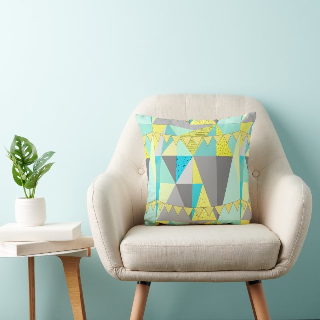 Bunting Aqua Yellow Grey Abstract Triangle Pattern Throw Pillow (Chair)