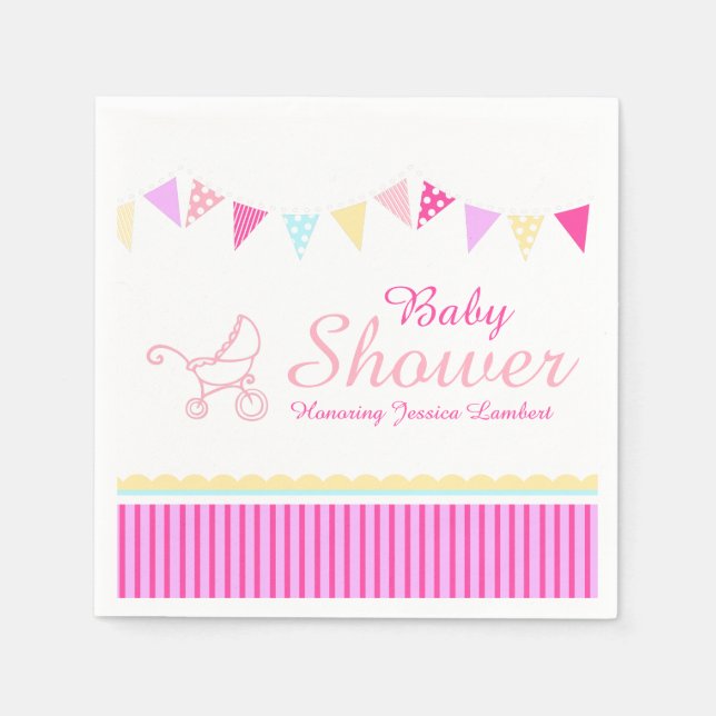 Bunting baby shower pink name paper napkin (Front)