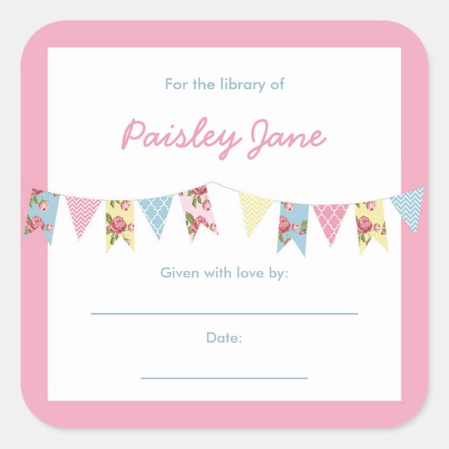 Bunting Banner Girl Baby Shower Bookplates Square Sticker (Front)