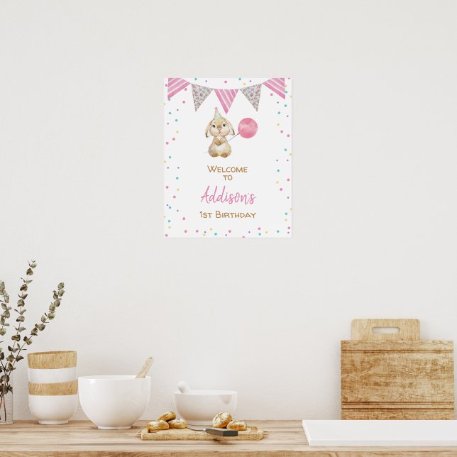 Bunting Flag Fluffy Bunny 1st Birthday Welcome  Poster (Kitchen)