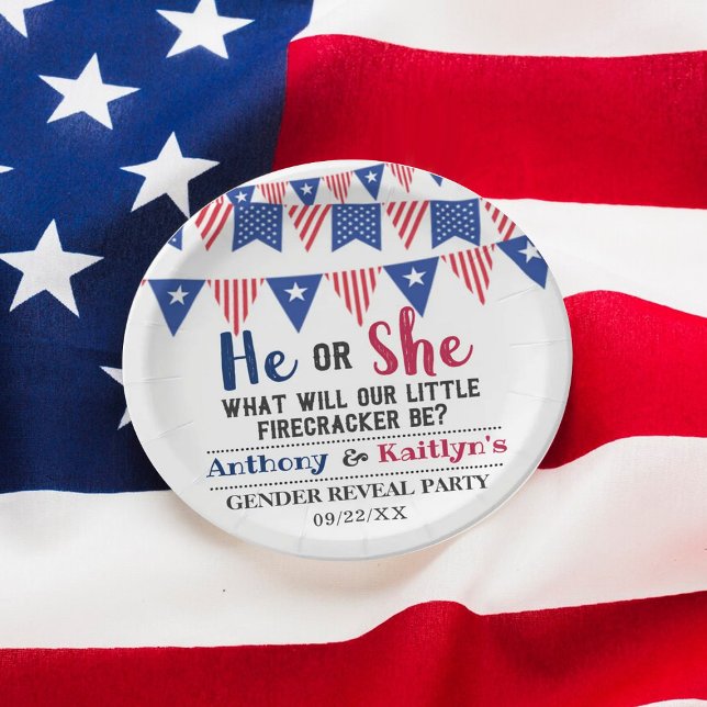 Bunting Flags 4th Of July Gender Reveal Party Paper Plate (Creator Uploaded)