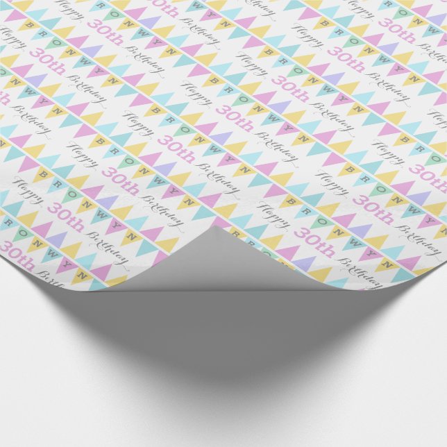 Bunting flags white birthday age 30 patterned wrap wrapping paper (Corner)