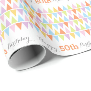 Bunting flags white birthday age 50 patterned wrap wrapping paper
