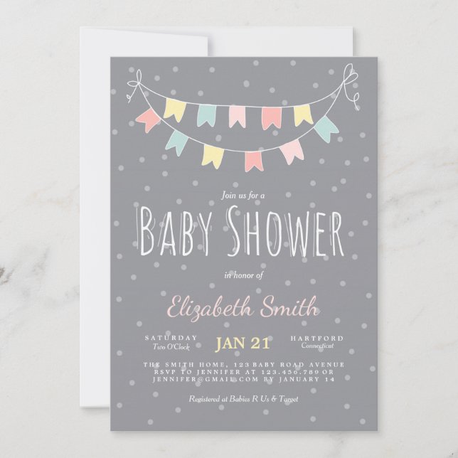 Buntings Baby Shower Invitation Grey Pink Mint (Front)