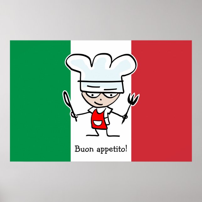 Buon Appetito poster with cartoon on italian flag (Front)