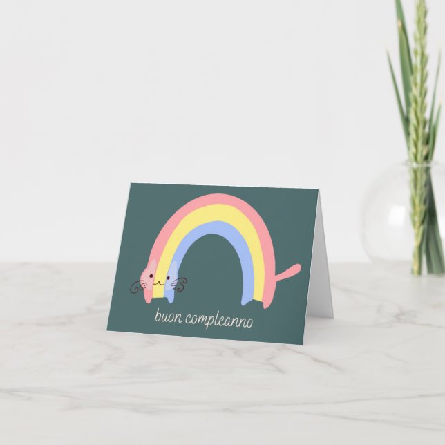 Buon compleanno Italian birthday card rainbow cat (Front)