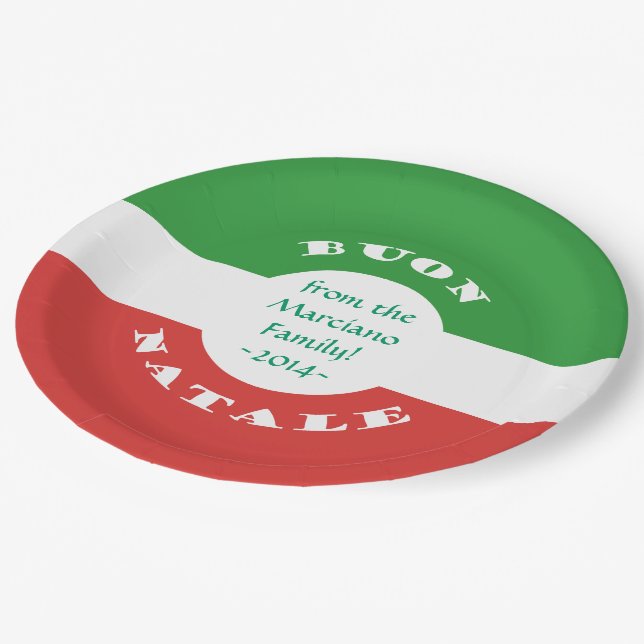 Buon Natale Christmas Party Italian Flag and Name Paper Plate (Angled)