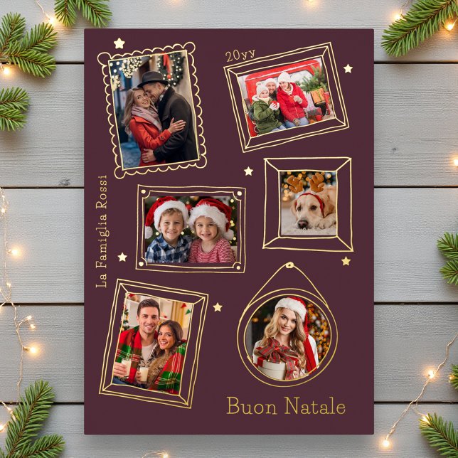 Buon Natale Doodle Frame Multi Photo Foil Holiday Card (Creator Uploaded)