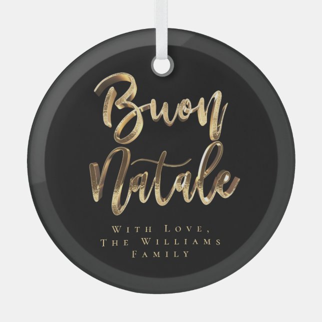 Buon Natale Elegant Black and Gold Italian Script Glass Ornament (Front)