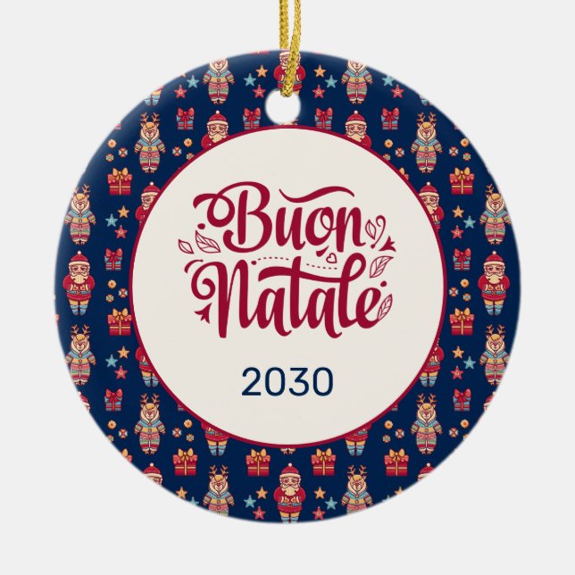 Buon Natale Folk Santa Reindeer Blue Custom Ceramic Ornament (Front)