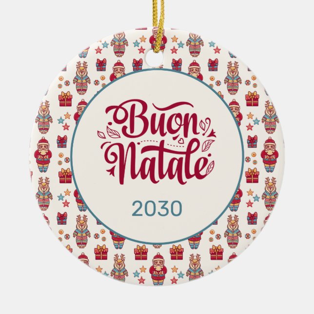 Buon Natale Folk Santa Reindeer Cream Custom Ceramic Ornament (Front)