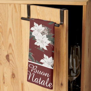 Buon Natale Italian Christmas Floral on Burgundy Kitchen Towel