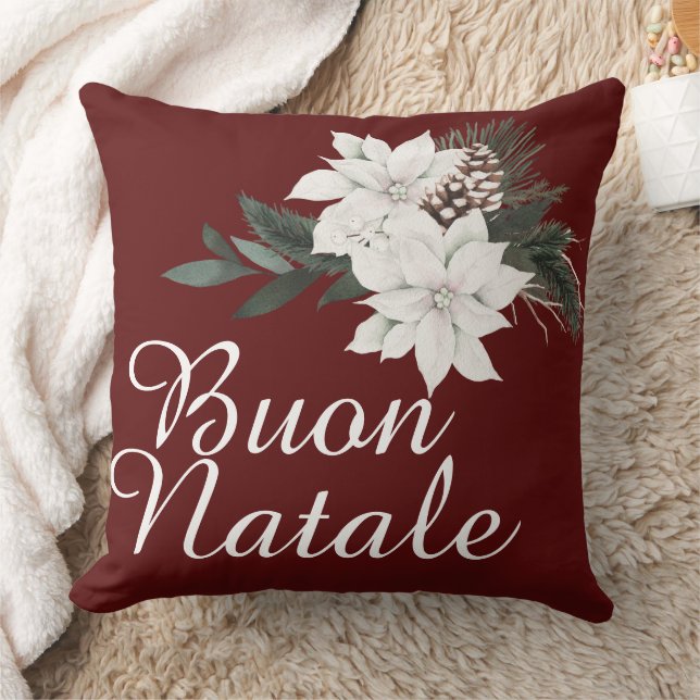 Buon Natale Italian Christmas Floral on Dark Red Throw Pillow (Blanket)