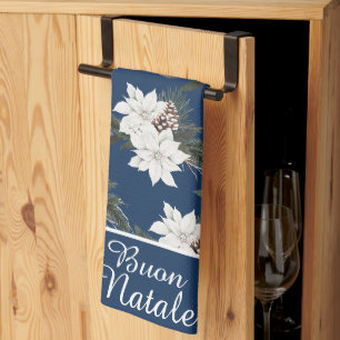 Buon Natale Italian Christmas Floral on Navy Blue Kitchen Towel