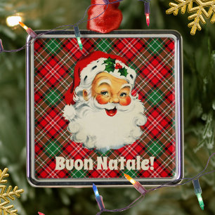 Buon Natale Italian Christmas Santa Red Plaid  Metal Ornament