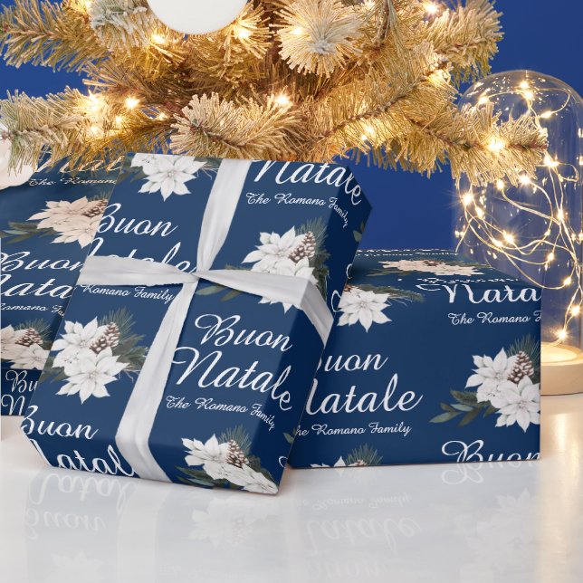 Buon Natale Italian Merry Christmas Blue Wrapping Paper (Holidays)
