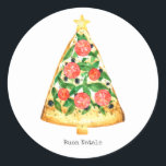 Buon Natale Italian Merry Christmas Pizza Slice   Classic Round Sticker<br><div class="desc">Illustration of a Christmas tree shaped pizza slice decorated with greens,  olives,  and tomato slices and topped with a star.  Editable text says,  "Buon Natale."</div>