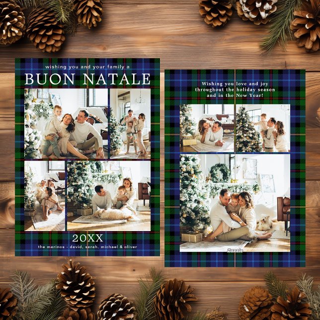 Buon Natale Multi Photo Green Plaid Holiday Card (Creator Uploaded)