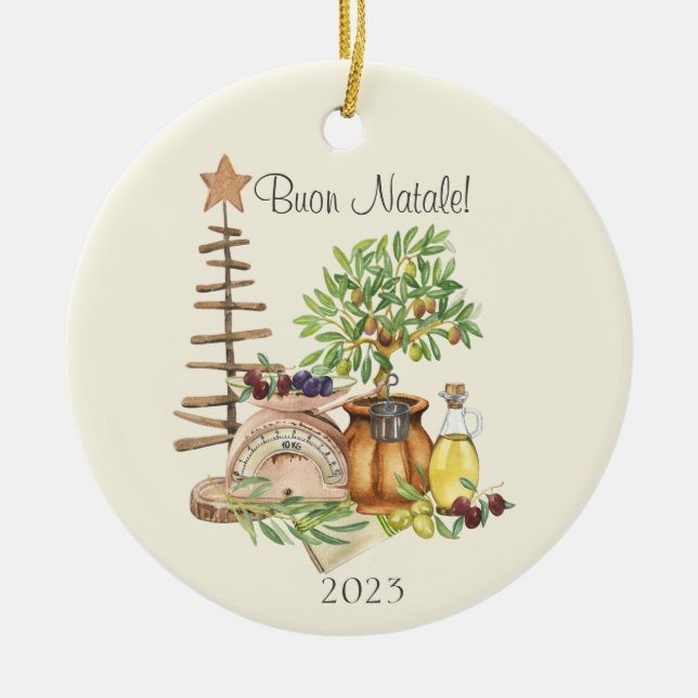 Buon Natale Personalized Rustic Italian Watercolor Ceramic Ornament (Front)