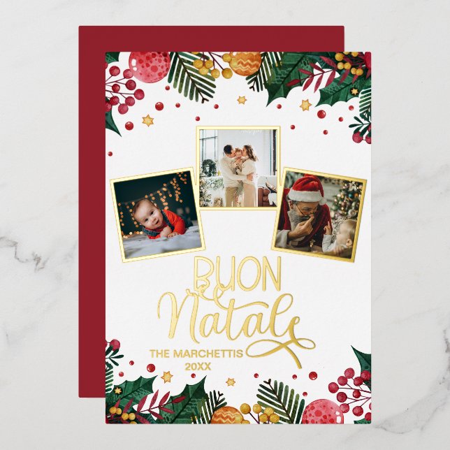 Buon Natale Photo Collage Red Holly Berries  Foil Holiday Card (Front/Back)