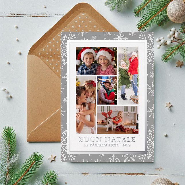 Buon Natale Photo Collage Silver Winter Snowflake Foil Holiday Card (Creator Uploaded)