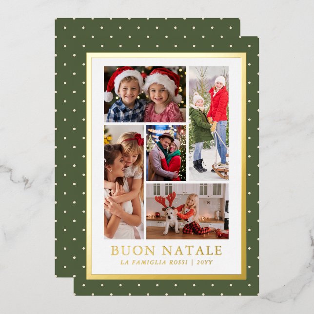 Buon Natale Photo Collage Simple Modern Foil Holiday Card (Front/Back)