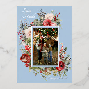 Buon Natale Photo Floral Blue Foil Holiday Card