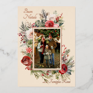 Buon Natale Photo Floral Blue Foil Holiday Card