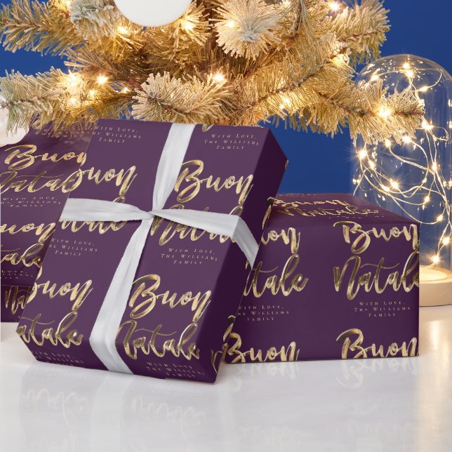 Buon Natale Purple Gold Christmas Script Italian Wrapping Paper (Holidays)