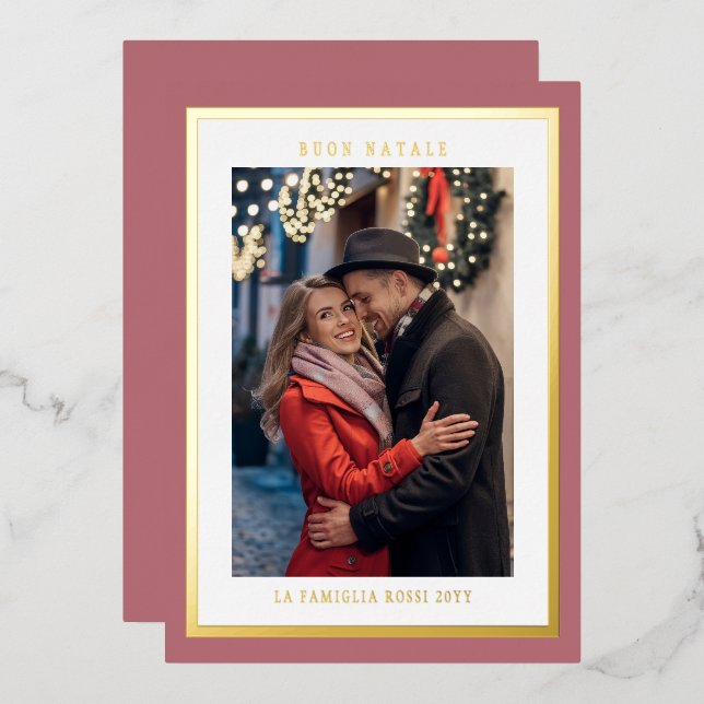 Buon Natale Rose Gold Simple Modern Photo Foil Holiday Card (Front/Back)