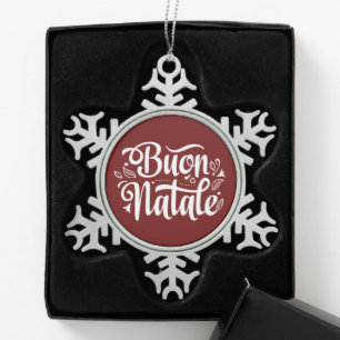 Buon Natale Simple Red Italian Christmas  Snowflake Pewter Christmas Ornament