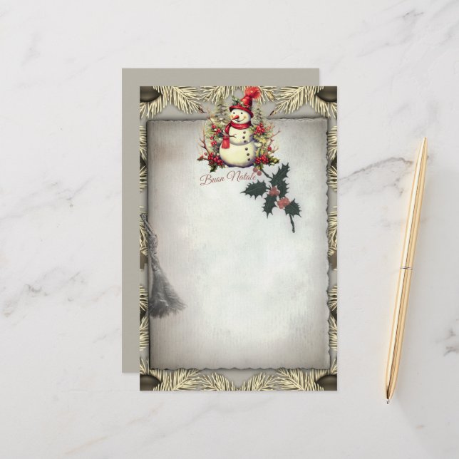 Buon Natale Snowman Christmas Border  Stationery (Front/Back In Situ)