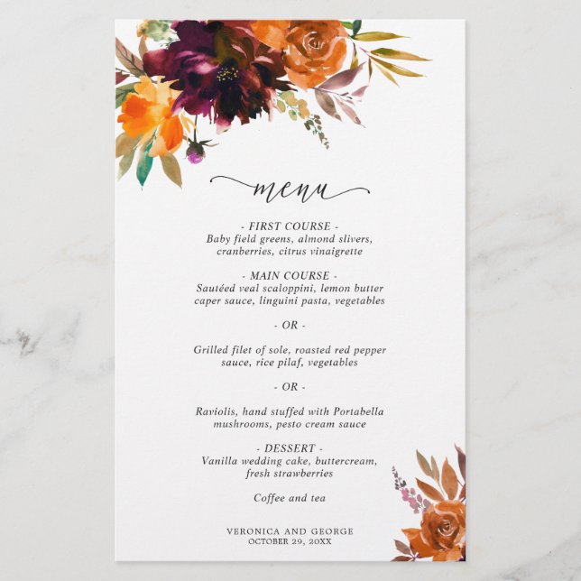 Burange Burgundy Rustic Menu Mariage (Devant)