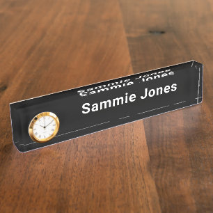 Bureau en acrylique noir Nom Plaque avec horloge m