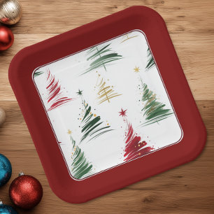 Burgandy All-Over Minimalist Christmas Tree Paper Plate